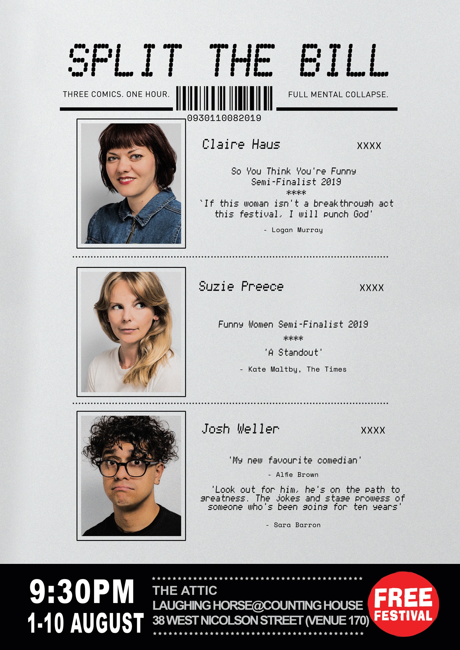 The poster for Split The Bill - Claire Haus, Suzie Preece and Josh Weller