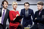 10 O'Clock Live. Image shows from L to R: David Mitchell, Lauren Laverne, Jimmy Carr, Charlie Brooker. Copyright: Zeppotron