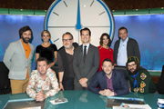 8 Out Of 10 Cats Does Countdown. Image shows from L to R: David O'Doherty, Lee Mack, Rachel Riley, Vic Reeves, Jimmy Carr, Susie Dent, Jon Richardson, Henning Wehn, Joe Wilkinson. Copyright: ITV Studios / Zeppotron