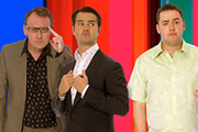 8 Out Of 10 Cats. Image shows from L to R: Sean Lock, Jimmy Carr, Jason Manford. Copyright: Zeppotron