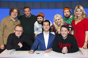 8 Out Of 10 Cats. Image shows from L to R: Alan Davies, Sean Lock, Henning Wehn, Joe Wilkinson, Jimmy Carr, Roisin Conaty, Jon Richardson, Nick Helm, Holly Willoughby. Copyright: Zeppotron