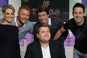 A League Of Their Own. Image shows from L to R: James Corden, Georgie Ainslie, Andrew Flintoff, John Bishop, Jamie Redknapp. Copyright: CPL Productions