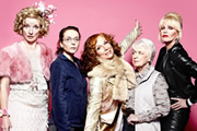 Absolutely Fabulous. Image shows from L to R: Bubble (Jane Horrocks), Saffron (Julia Sawalha), Edina (Jennifer Saunders), Mother (June Whitfield), Patsy (Joanna Lumley). Copyright: Saunders And French Productions / BBC