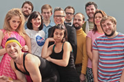 Amused Moose Laughter Awards 2014 Finalists. Image shows from L to R: Pippa Evans, Trygve Wakenshaw, Pierre Novellie, Celia Pacquola, Chris Turner, Ria Lina, Rob Deering, James McNicholas, Owen Roberts, Ciarán Dowd, Lou Sanders, Tom Toal