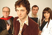 The Ape That Got Lucky. Image shows from L to R: Professor Austin Herring (Geoffrey McGivern), Chris Addison, Dan Tetsell, Jo Enright. Copyright: BBC