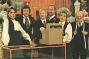 Are You Being Served?. Image shows from L to R: Miss Shirley Brahms (Wendy Richard), Mr. Dick Lucas (Trevor Bannister), Mr. Wilberforce Humphries (John Inman), Captain Stephen Peacock (Frank Thornton), Mrs. Betty Slocombe (Mollie Sugden), Mr. Ernest Grainger (Arthur Brough). Copyright: BBC