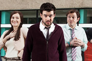 Bad Education. Image shows from L to R: Miss Gulliver (Sarah Solemani), Alfie (Jack Whitehall), Fraser (Mathew Horne). Copyright: Tiger Aspect Productions