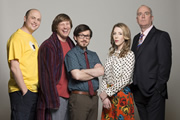 Badults. Image shows from L to R: Tom (Tom Parry), Ben (Ben Clark), Matthew (Matthew Crosby), Lucy (Katherine Ryan), Carabine (Jack Docherty). Copyright: The Comedy Unit