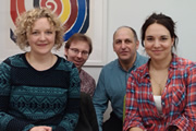 What Are You Laughing At? - The British Comedy Podcast. Episode 10. Image shows from L to R: Lorna Watson, Tony Cowards, Dave Cohen, Ingrid Oliver
