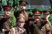 Blackadder. Image shows from L to R: Captain Kevin Darling (Tim McInnerny), Baldrick (Tony Robinson), Captain Edmund Blackadder (Rowan Atkinson), General Melchett (Stephen Fry), Lieutenant George Barleigh (Hugh Laurie). Copyright: BBC / Tiger Aspect Productions