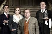 Blandings. Image shows from L to R: Freddie (Jack Farthing), Connie (Jennifer Saunders), Clarence (Timothy Spall), Beach (Mark Williams). Copyright: Mammoth Screen
