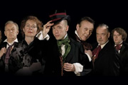 Bleak Expectations. Image shows from L to R: Mr Gently Benevolent (Anthony Head), Hardthrasher (Geoffrey Whitehead), Aunt Lily (Celia Imrie), Young Pip (Tom Allen), Sir Philip Bin (Richard Johnson), Harry Biscuit (James Bachman). Copyright: BBC