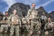 Bluestone 42. Image shows from L to R: Simon (Stephen Wight), Mary (Kelly Adams), Millsy (Gary Carr), Nick (Oliver Chris), Faruq (Keeno Lee Hector), Rocket (Scott Hoatson). Copyright: BBC