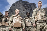 Bluestone 42. Image shows from L to R: Simon (Stephen Wight), Mary (Kelly Adams), Millsy (Gary Carr), Nick (Oliver Chris). Copyright: BBC