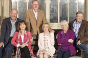 Boomers. Image shows from L to R: John (Russ Abbot), Maureen (Stephanie Beacham), Trevor (James Smith), Carol (Paula Wilcox), Joyce (Alison Steadman), Alan (Philip Jackson). Copyright: Hat Trick Productions