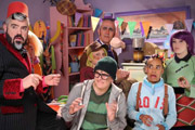 Bottom Knocker Street. Image shows from L to R: Councillor Cowdrey (Phill Jupitus), Colin Cowdrey (Tim Bruce), Dinga (Connor Cheeseman), Bo (Alanna Smith), Lulu (Ellie Ruiz). Copyright: Fubuloo Bottom Knocker Street. Image shows from L to R: Councillor Cowdrey (Phill Jupitus), Colin Cowdrey (Tim Bruce), Dinga (Connor Cheeseman), Bo (Alanna Smith), Lulu (Ellie Ruiz). Copyright: Fubuloo