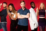 Bring The Noise. Image shows from L to R: Joel Dommett, Nicole Scherzinger, Ricky Wilson, Tinie, Katherine Ryan. Copyright: Twenty Six 03