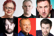 Image shows from L to R: Jo Brand, David Mitchell, Greg Davies, Graham Norton, Lee Mack, Jack Whitehall