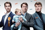 Channel 4's Alternative Election Night. Image shows from L to R: Jimmy Carr, David Mitchell, Charlie Brooker. Copyright: Zeppotron