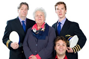 Cabin Pressure. Image shows from L to R: Douglas (Roger Allam), Carolyn (Stephanie Cole), Arthur (John Finnemore), Martin (Benedict Cumberbatch). Copyright: Pozzitive Productions