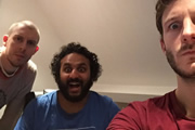 Image shows from L to R: Carl Donnelly, Nish Kumar, Chris Martin