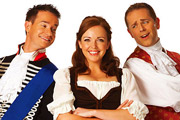 CBeebies Panto: Strictly Cinderella. Image shows from L to R: Prince Charming (Alex Winters), Cinderella (Katrina Bryan), Baron Hardup (Chris Jarvis). Copyright: BBC