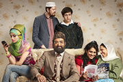 Citizen Khan. Image shows from L to R: Alia (Bhavna Limbachia), Dave (Kris Marshall), Mr Khan (Adil Ray), Amjad (Abdullah Afzal), Shazia (Maya Sondhi), Mrs Khan (Shobu Kapoor). Copyright: BBC