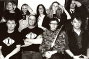 Cluub Zarathustra. Image shows from L to R: Kevin Eldon, Roger Mann, Lori Lixenberg, Sally Phillips, Simon Munnery, Richard Thomas, Stewart Lee