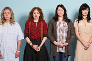 Coma Girl. Image shows from L to R: Lucy (Anna Crilly), Pip (Katherine Parkinson), Sarah (Katy Wix), Siobhan (Sarah Solemani). Copyright: Hartswood Films Ltd