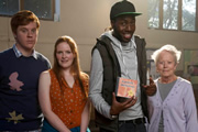 Common Ground. Image shows from L to R: Ted (Danny Morgan), Nell (Eri Jackson), Marlon (Daniel Lawrence Taylor), Brenda (Annette Crosbie). Copyright: Baby Cow Productions