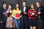 Crackanory. Image shows from L to R: Stephen Mangan, Sally Phillips, Sharon Horgan, Hugh Dennis, Jessica Hynes, Harry Enfield. Copyright: Tiger Aspect Productions