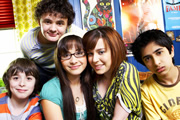 Dani's House. Image shows from L to R: Max (Sebastian Applewhite), Toby (Harry Culverhouse), Sam (Klariza Clayton), Dani (Dani Harmer), Ben (James Gandhi). Copyright: The Foundation / BBC