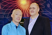 Dara O Briain: School Of Hard Sums. Image shows from L to R: Marcus du Sautoy, Dara O Briain. Copyright: Fujisankei Productions / Wild Rover