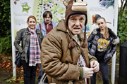 Derek. Image shows from L to R: Hannah (Kerry Godliman), Kev (David Earl), Derek (Ricky Gervais), Vicky (Holli Dempsey). Copyright: Derek Productions