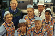 dinnerladies. Image shows from L to R: Jean (Anne Reid), Stan (Duncan Preston), Brenda (Victoria Wood), Twinkle (Maxine Peake), Dolly (Thelma Barlow), Tony (Andrew Dunn), Anita (Shobna Gulati). Copyright: Good Fun / Pozzitive Productions