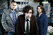 Dirk Gently. Image shows from L to R: Richard MacDuff (Darren Boyd), Dirk Gently (Stephen Mangan), Susan Harmison (Helen Baxendale). Copyright: ITV Studios / The Welded Tandem Picture Company