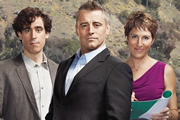 Episodes. Image shows from L to R: Sean Lincoln (Stephen Mangan), Matt LeBlanc (Matt LeBlanc), Beverly Lincoln (Tamsin Greig). Copyright: Hat Trick Productions / BBC