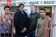 Fags, Mags And Bags. Image shows from L to R: Sanjay (Omar Raza), Ramesh (Sanjeev Kohli), Dave (Donald Mcleary), Alok (Susheel Kumar). Copyright: The Comedy Unit