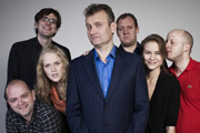 Fast And Loose. Image shows from L to R: David Armand, Humphrey Ker, Pippa Evans, Hugh Dennis, Justin Edwards, Laura Solon, Marek Larwood. Copyright: Angst Productions