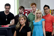 Filth. Image shows from L to R: Chad (Danny Dyer), Rob (James Buckley), Michelle (Tracy-Ann Oberman), Mike (Danny Morgan), Inga (MyAnna Buring), Yuki (Dan Li). Copyright: Angel Eye Media