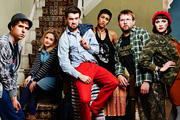 Fresh Meat. Image shows from L to R: Kingsley (Joe Thomas), Josie (Kimberley Nixon), JP (Jack Whitehall), Vod (Zawe Ashton), Howard (Greg McHugh), Oregon (Charlotte Ritchie). Copyright: Objective Productions / Lime Pictures