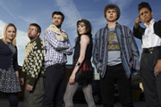 Fresh Meat. Image shows from L to R: Josie (Kimberley Nixon), Howard (Greg McHugh), JP (Jack Whitehall), Oregon (Charlotte Ritchie), Kingsley (Joe Thomas), Vod (Zawe Ashton). Copyright: Objective Productions / Lime Pictures