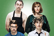 Friday Night Dinner. Image shows from L to R: Adam (Simon Bird), Martin (Paul Ritter), Jackie (Tamsin Greig), Jonny (Tom Rosenthal). Copyright: Popper Pictures / Big Talk Productions