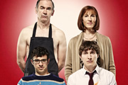 Friday Night Dinner. Image shows from L to R: Martin (Paul Ritter), Adam (Simon Bird), Jackie (Tamsin Greig), Jonny (Tom Rosenthal). Copyright: Popper Pictures / Big Talk Productions