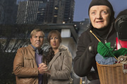 Gangsta Granny. Image shows from L to R: Mike (David Walliams), Linda (Miranda Hart), Granny (Julia McKenzie). Copyright: BBC / King Bert Productions