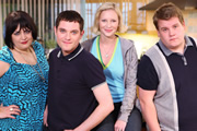 Gavin & Stacey. Image shows from L to R: Nessa (Ruth Jones), Gavin (Mathew Horne), Stacey (Joanna Page), Smithy (James Corden). Copyright: Baby Cow Productions