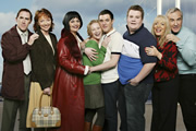 Gavin & Stacey. Image shows from L to R: Bryn (Rob Brydon), Gwen (Melanie Walters), Nessa (Ruth Jones), Stacey (Joanna Page), Gavin (Mathew Horne), Smithy (James Corden), Pam (Alison Steadman), Mick (Larry Lamb). Copyright: Baby Cow Productions