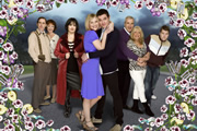 Gavin & Stacey. Image shows from L to R: Bryn (Rob Brydon), Gwen (Melanie Walters), Nessa (Ruth Jones), Stacey (Joanna Page), Gavin (Mathew Horne), Mick (Larry Lamb), Pam (Alison Steadman), Smithy (James Corden). Copyright: Baby Cow Productions