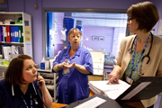 Getting On. Image shows from L to R: Sister Den Flixter (Joanna Scanlan), Nurse Kim Wilde (Jo Brand), Doctor Pippa Moore (Vicki Pepperdine). Copyright: Vera Productions