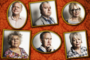 Gloomsbury. Image shows from L to R: Henry Mickleton (Jonathan Coy), DH Lollipop (John Sessions), Venus Traduces (Morwenna Banks), Vera Sackcloth-Vest (Miriam Margolyes), Lionel Fox (Nigel Planer), Ginny Fox (Alison Steadman). Copyright: Little Brother Productions